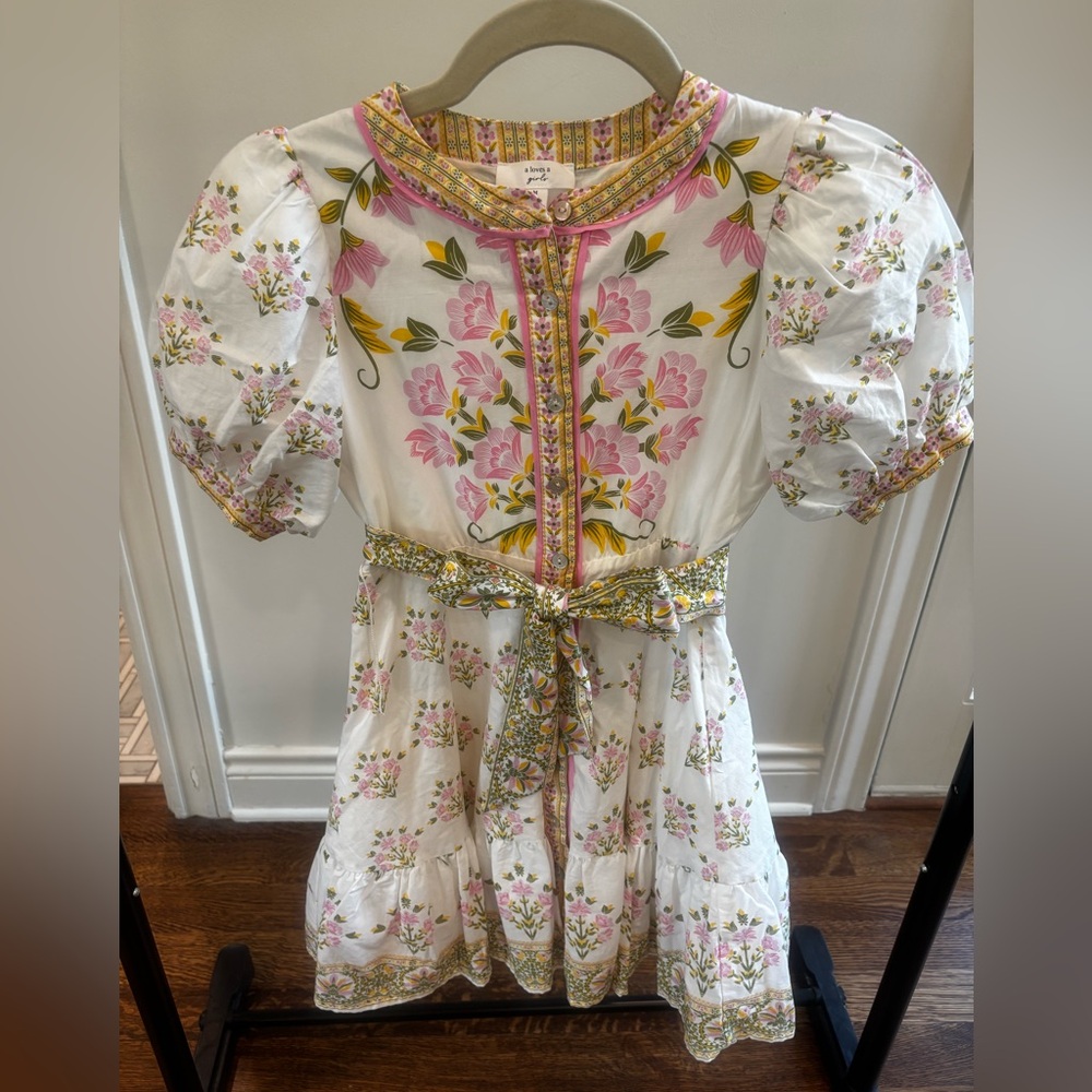 White Girls' Floral Puff-Sleeve Dress with Pink & Yellow Accents
